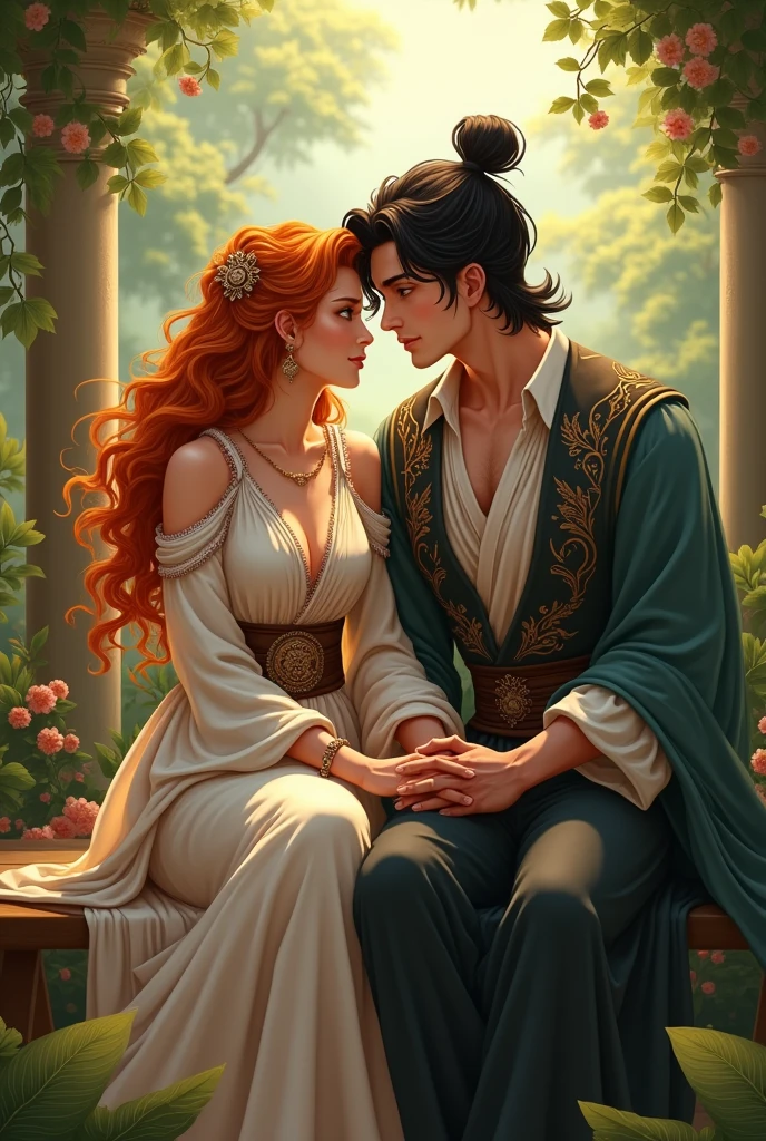 White woman with long curly orange hair and brown eyes, sitting on a bench in a garden holding hands with a white man, high, handsome with black eyes and hair. Ancient period dress