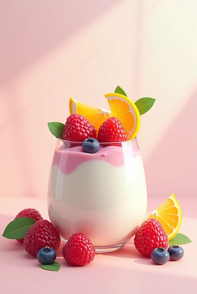 Make me a picture with a glass of simple, homemade yogurt with pieces of fruit that looks colorful and eye-catching 