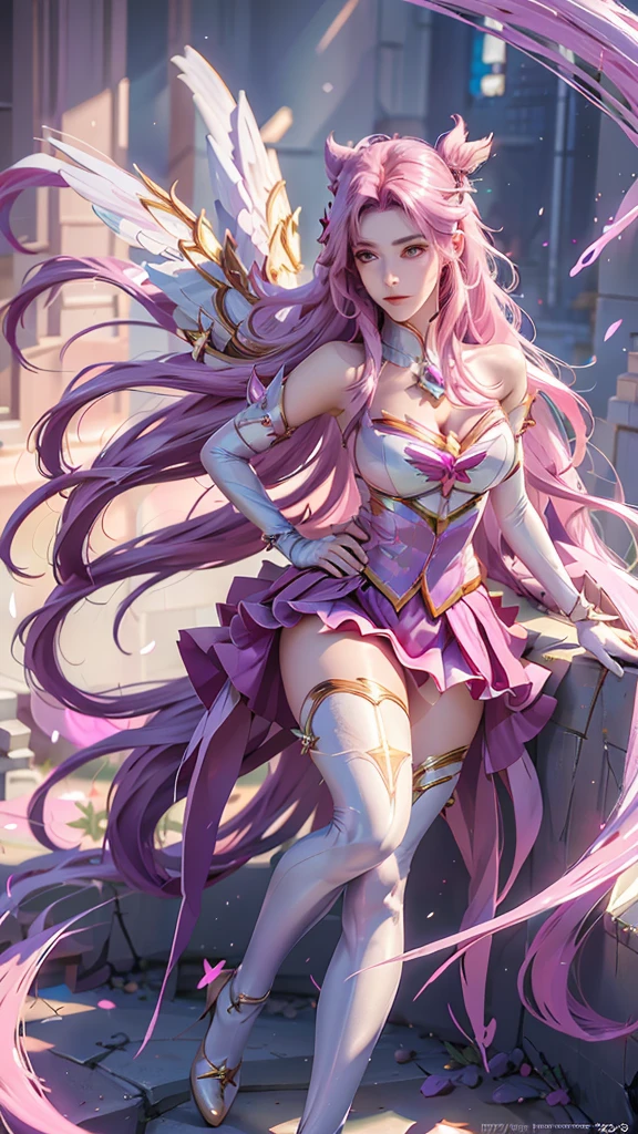 photorealistic, high resolution, 1women, mature female, solo, hips up,purple eyes, kaisasg, star guardian (league of legends), pink hair, gloves, long hair, thighhighs, skirt, elbow gloves, hand on hip, bare shoulders, solo, wings, white gloves, breasts, pink eyes, bangs, magical girl, hair ornament