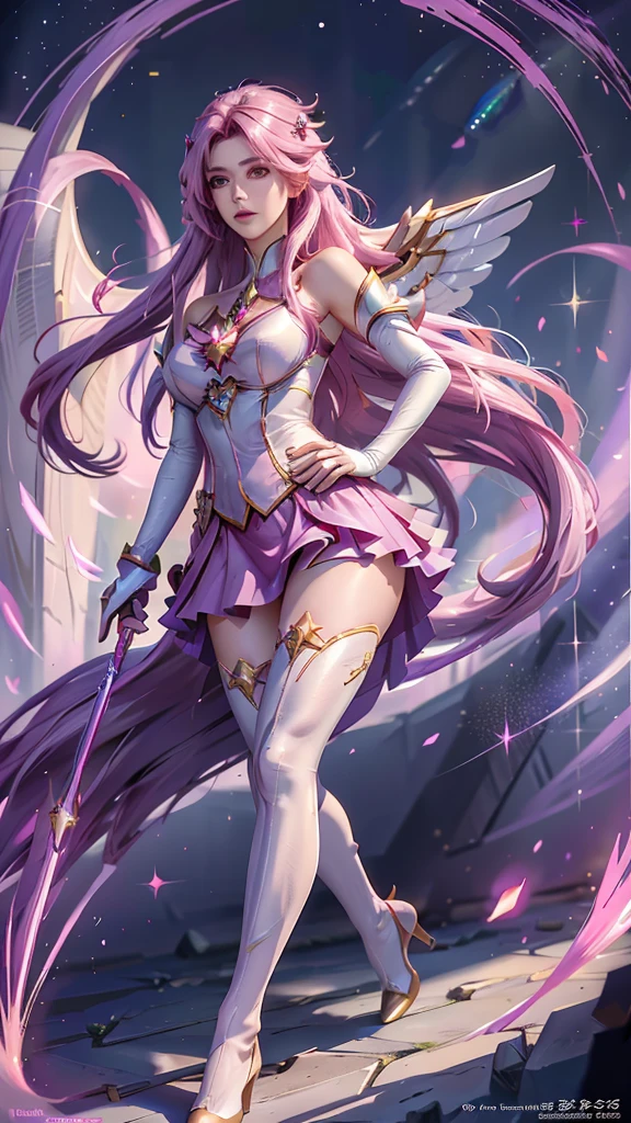 photorealistic, high resolution, 1women, mature female, solo, hips up,purple eyes, kaisasg, star guardian (league of legends), pink hair, gloves, long hair, thighhighs, skirt, elbow gloves, hand on hip, bare shoulders, solo, wings, white gloves, breasts, pink eyes, bangs, magical girl, hair ornament