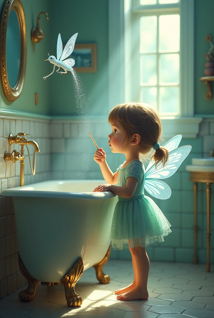 Image 7: Clara and the Water Fairy in the bathroom, with Clara turning off the shower while brushing her teeth.