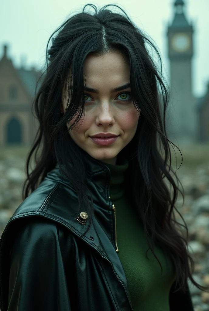 A woman young, black haired, half tanned, intense green eyes the shade of the killing curse with flashes of red, a mischievous smile on the mouth. His features would be a mix of Harry Potter and Tom Riddle when he was young.. She stands in front of a landscape of a ruined city. Black and dark green leather clothes