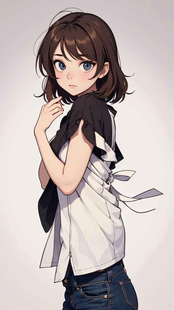 (((masterpiece, best quality, ultra highres, 1 girl, solo, no background))), super detailed skin and face and eyes and finger, beautiful japanese woman, small breasts:1.5, skinny, light brown hair, very short mush hair, cowboy shot, white background, 2D anime, boyish, expressionless, Various clothes, Various poses, Please draw the entire character within the frame, ensuring that the head, arms and legs are not cut off, with the character positioned centrally, curated,