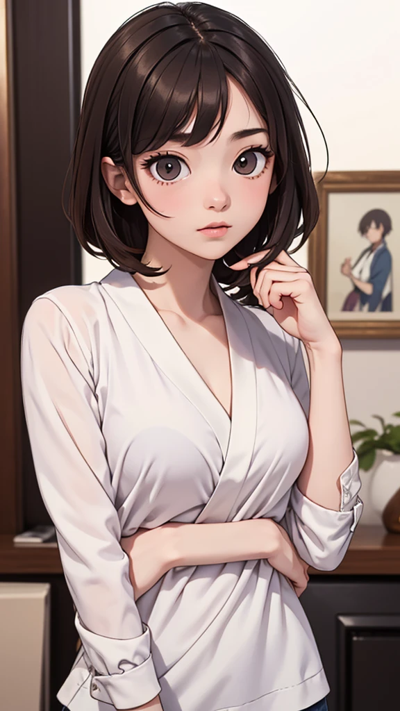 (((masterpiece, best quality, ultra highres, 1 girl, solo, no background))), super detailed skin and face and eyes and finger, beautiful japanese woman, small breasts:1.5, skinny, light brown hair, very short mush hair, cowboy shot, white background, 2D anime, boyish, expressionless, Various clothes, Various poses, Please draw the entire character within the frame, ensuring that the head, arms and legs are not cut off, with the character positioned centrally, curated,