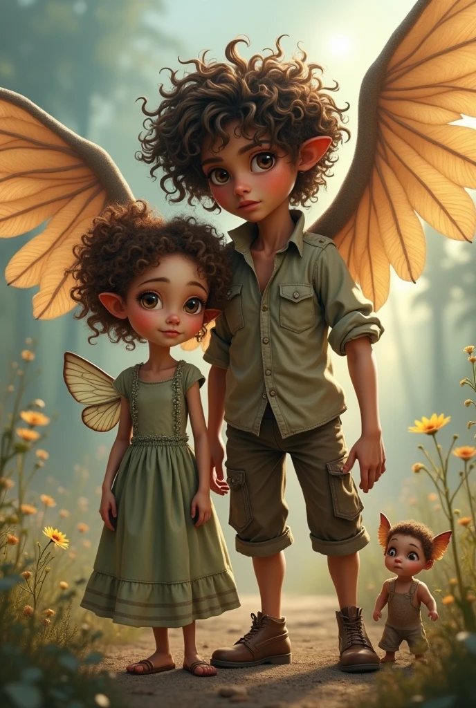 Family of short mother with big eyes and tall father with big eyes and curly hair and with curly hair, father and babyh wings