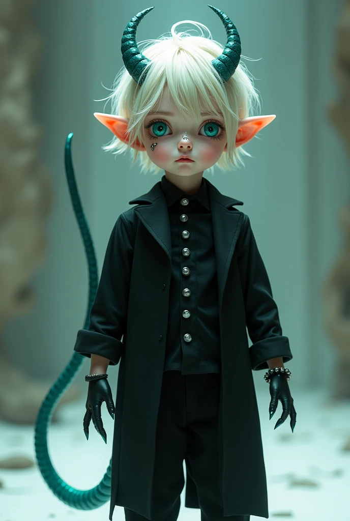 A boy of about 2, a demon-human hybrid. Ma bląd wlosy w stylu soft boy.
She has turquoise irises and pale skin.. W nosie miał srebrny pircing typu "bridge" and in the mouth of so many "side lip". His ears were pointed., but pointing downwards. His hands were half cream and then turned turquoise at the fingers., jego pazury byly czarne. It is about 78 meters long. Jego rogi to były wystajace na koncu zawiniete turkusowe. His tail was hanging down at his leg.. The outfit is a black uniform with a long black shirt with silver buttons and black pants.