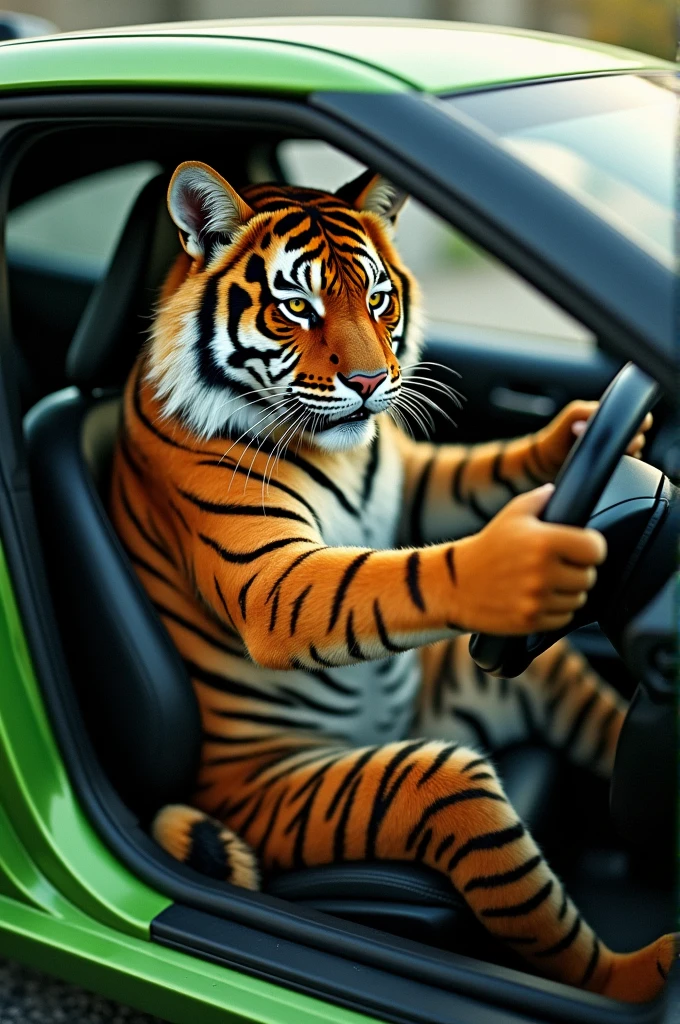A tiger cat Cris driving a green 2016 Hyundai Veloster
