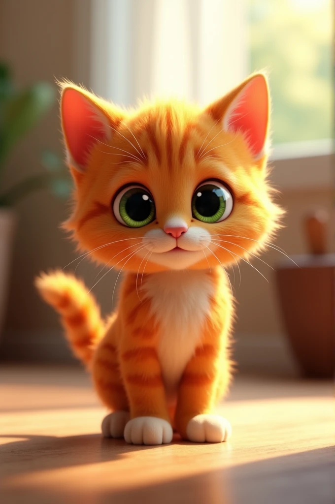 "A cute, animated orange tabby kitten with big, expressive green eyes and a fluffy tail, standing curiously in a cozy, well-lit room, with a playful, 3D animated style."