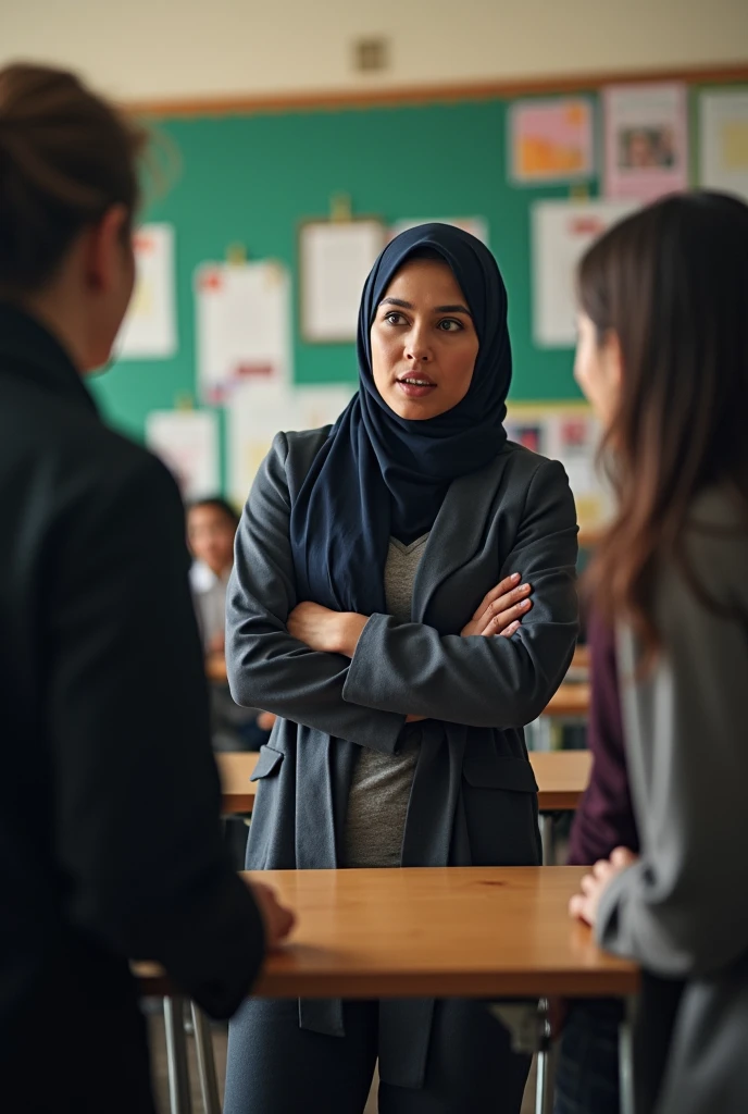 One muslim female school teacher and 2 other female teachers talking are shockingly each other in the school and female principle also there