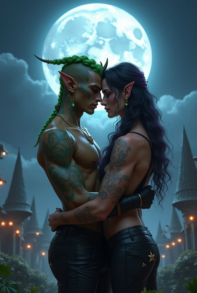 A moon centered over a kingdom with two men kissing in the background, um naughty man é negro com marcas de vitiligo no rosto e tem cabelo verde trançado com uma orelha de elfo, tem brincos e chifre e o outro naughty man tem cabelo preto com tons roxos, with a sleeveless black outfit and a star design on the hip (naughty man) os dois são homens naughty man