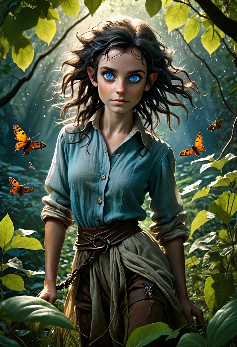 (Realystic:1.4), analog photo style, depths of field, (dark-haired Lightfoot Halfling with blue eyes, wearing a linen shirt), (small leaves and insects got tangled in wet hair), wide waist, (her full body is a visual pleasure), view from above, extremely sexy, dark fantasy atmosphere, deep shadows with the some sun rays, a delicate balance between reality and fantastic, faded colours, great quality, Masterpiece, blurred gloomy background, naturally cinematic light, 16k quality, kodak porta 400, bokeh.