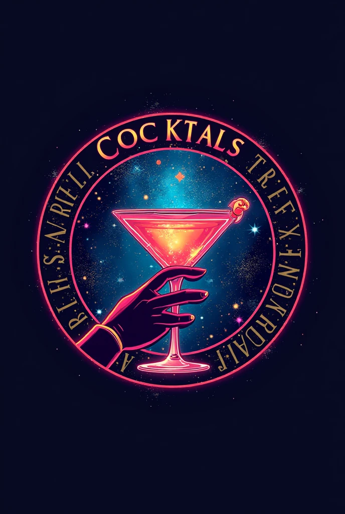 Create a logo for a cocktail shop in a circular format where you can see a glass and the hand of a woman holding it., that they are extravagant colors similar to those of the universe and add the name "Ecstasy cocktails"