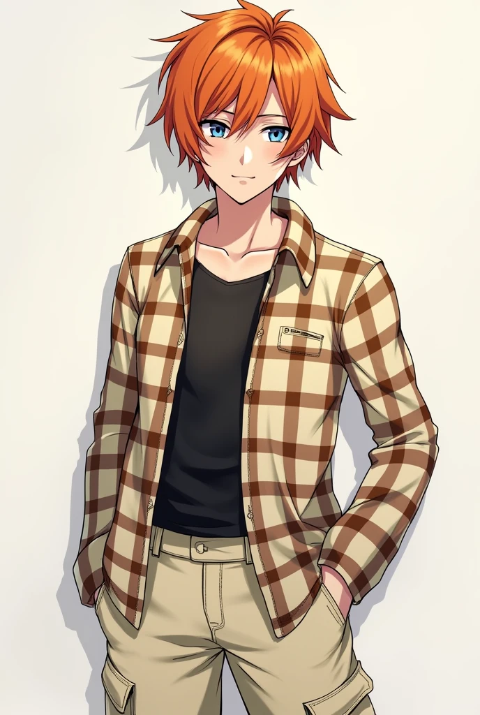 Chuuya Nakahara (Orange hair and blue eyes)with a cream and brown plaid shirt but more cream than brown and cream skini cargo style pants