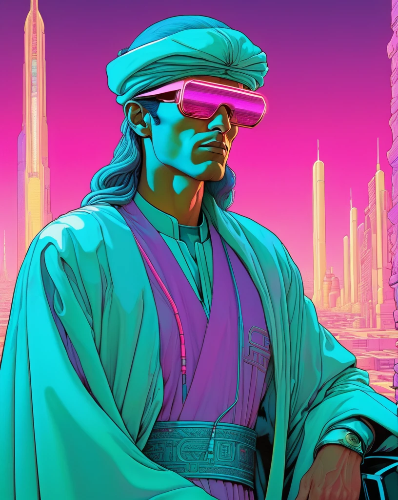 **Moebius (Jean Giraud) Style - An otherworldly portrait by Jean Giraud Moebius, ((masterpiece)), ((best quality)), (highest quality masterpiece), (masterpiece),
(masterpiece, best quality), in a futuristic style. A male Saudi Arabian character featured in a solo fashion photoshoot, blending traditional elements with 1980s cyberpunk attire. He wears a sleek, tech-infused thobe with neon trims and augmented reality glasses. The background is a simple, one-color matte finish in a teal hue, adding to the vaporwave aesthetics. The overall image is filtered to have a synthwave aesthetic, with soft neon lighting and a subtle glow around the character... PsyAI, Psychedelic, Visionary art, DMT,
and LSD style by Moebius.**