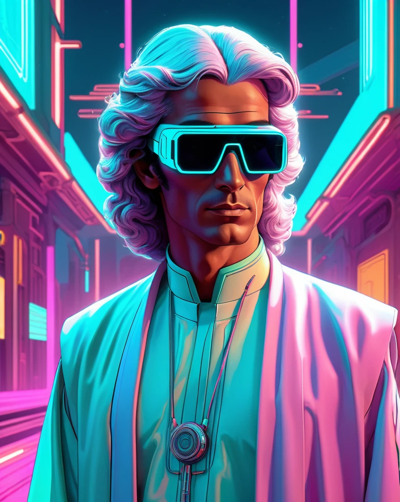 **Moebius (Jean Giraud) Style - An otherworldly portrait by Jean Giraud Moebius, ((masterpiece)), ((best quality)), (highest quality masterpiece), (masterpiece),
(masterpiece, best quality), in a futuristic style. A male Saudi Arabian character featured in a solo fashion photoshoot, blending traditional elements with 1980s cyberpunk attire. He wears a sleek, tech-infused thobe with neon trims and augmented reality glasses. The background is a simple, one-color matte finish in a teal hue, adding to the vaporwave aesthetics. The overall image is filtered to have a synthwave aesthetic, with soft neon lighting and a subtle glow around the character... PsyAI, Psychedelic, Visionary art, DMT,
and LSD style by Moebius.**