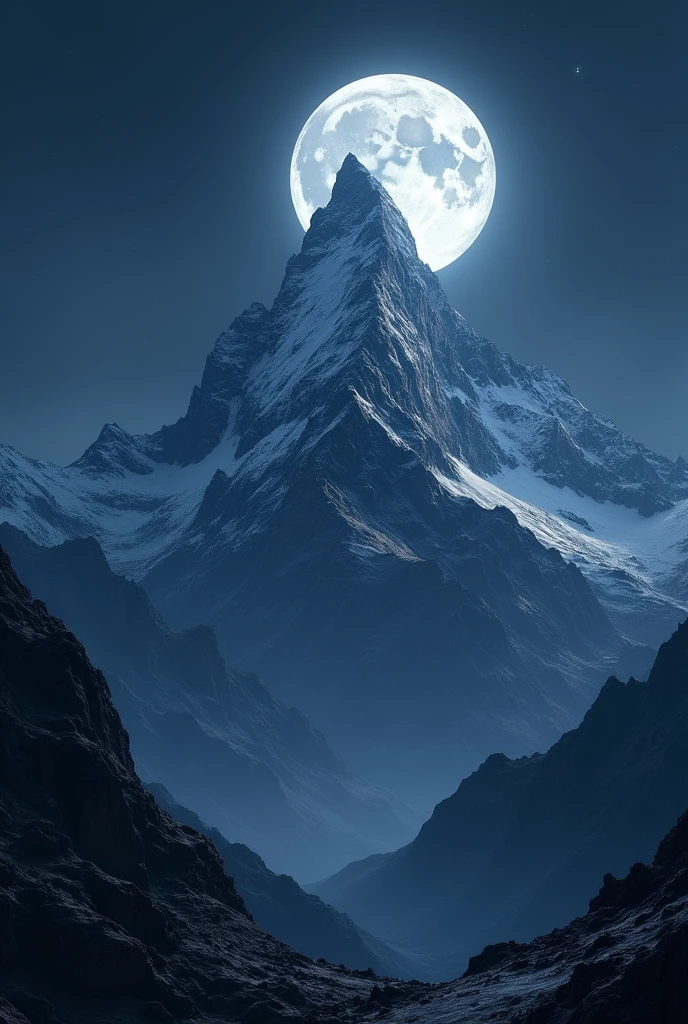 Peak in night with close moon in realistic style