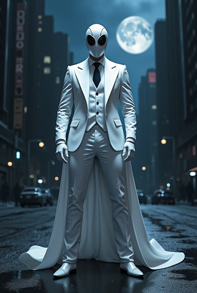 In the moonlit cityscape, a figure stands tall, facing forward with unwavering resolve. Dressed in a pristine white suit, Moon Knight (Marc Spector) exudes an aura of sophistication and power, blending the elegance of his attire with the mystique of his vigilante identity. As the moonlight casts dramatic shadows, he prepares to confront an ancient prophecy that threatens to engulf the city in darkness. With his mystical powers and combat skills, Moon Knight must navigate a world of supernatural peril and personal turmoil. Will his sharp intellect and formidable presence be enough to decipher the prophecy and protect the city, or will the encroaching chaos prove too overwhelming?