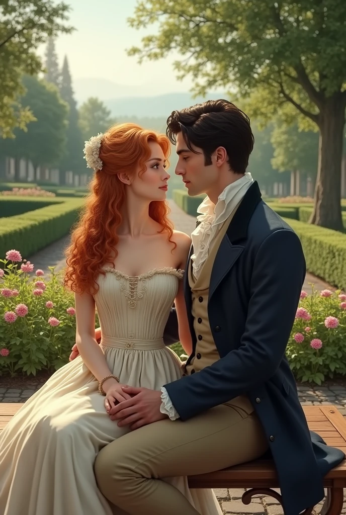 White woman with long curly orange hair and brown eyes, sitting on a bench in a garden holding hands with a white man, high, handsome with black eyes and hair. Dressed in a classic way because it is the year 1824
