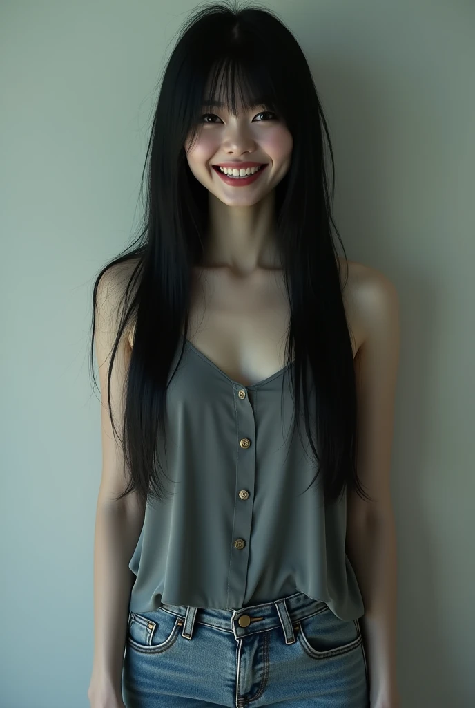 (best qualityer:1.4),(work of art:1.4),(fotorrealisitic:1.4),(realisitic:1.2),(ultra high resolution, CRU photo:1.4),(HDR, hyperdetailed:1.2),(8k:1.2), looking at the viewer, cinematic photo 1girl,(long straight black hair down to the knees) standing, pale skin (very grey), smile with pointed teeth, gray blouse(sleeveless), pants(jeans )
