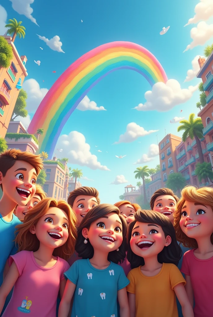 A Bright Smile A final scene with all the characters happy, in a big rainbow in the sky, with bright smiles. No fundo, the city of Sorrisolandia is full of smiles and joy, symbolizing the importance of brushing your teeth and saving water.
