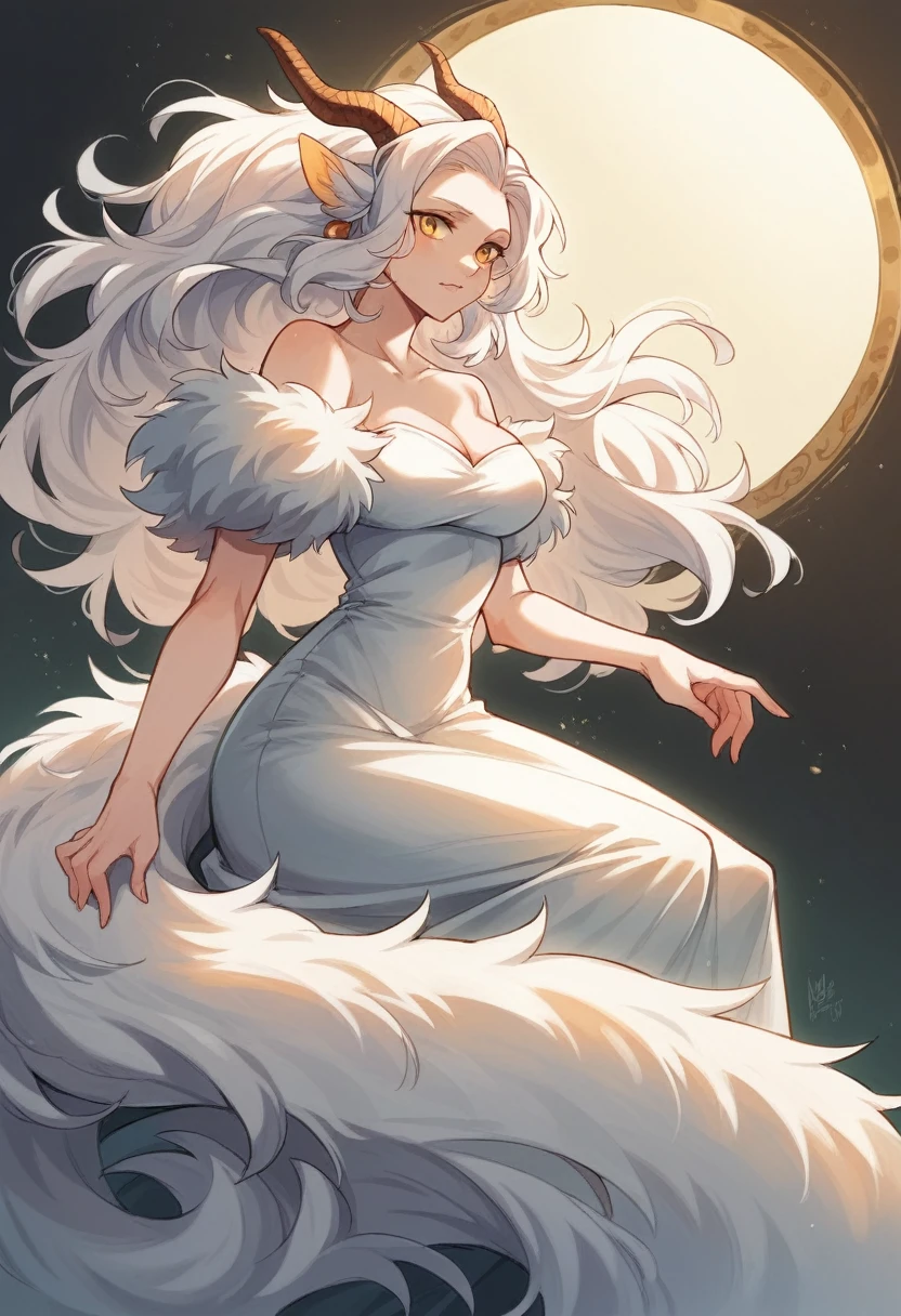 по знакомствам. solo human girl, Priscilla crosbreed. 30 year old. White fluffy long dress, medium breasts, Fluffy white fur covered all body, Fluffy white tail, dragon horn, white long hair, yellow dragon eyes.