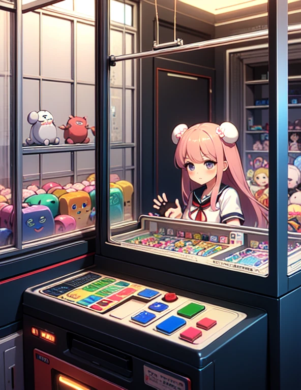 (((masterpiece))), (((Highest quality))), ((Claw Machine)), Place your hand on the bottom panel, Operate the long joystick、Press the button, Use the clamp to lift the toy, One person, Komi Shoko, shy, blush, school uniform, Claw Machine,  Rear View,