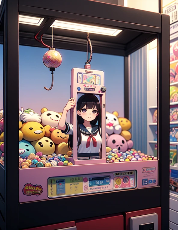 (((masterpiece))), (((Highest quality))), ((Claw Machine)), Place your hand on the bottom panel, Operate the long joystick、Press the button, Use the clamp to lift the toy, One person, Komi Shoko, shy, blush, school uniform, Claw Machine,  Rear View,