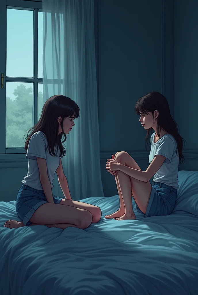 Create a lineart illustration Setting: Illustrate Marine and Sarah sitting on their beds in a quiet, tense room. Marine might have a thoughtful expression, while Sarah watches her with a mixture of concern and sympathy. The room could be dark, with soft light coming from the window to accentuate the introspective mood.