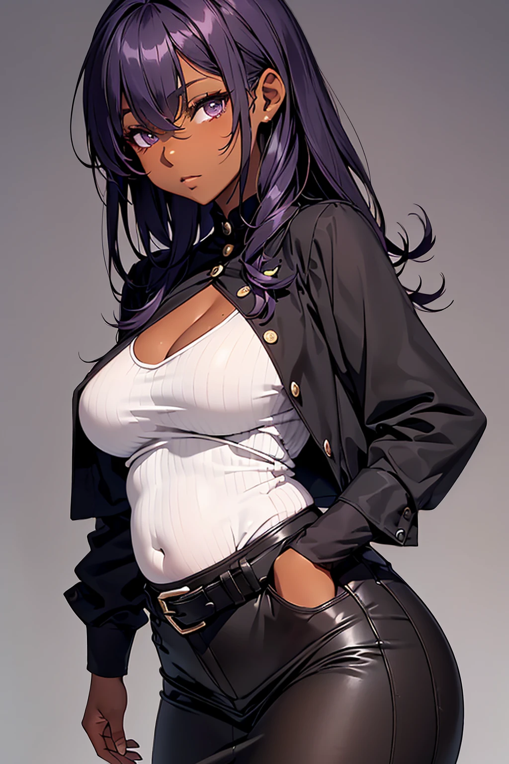 Isade who appears to be 20 years old, (dark skin color: 1.5), and height 1.73cm and long dark purple hair and dark purple eyes and super beautiful and slim and slender body and body big brig ass super beautifsmooth skin and young and hot with full hips and well structured,(Wearing),+,(A classic black and white women's uniform consists of simple but elegant pieces. It starts with a loose white blouse, with black buttons on the chestrming a well-defined vertical line. The blouse is lengthened to mid-thigh, covering the back completely. Above her, there is a narrow black jacket, with black buttons too, which closeth a well-defined drop in the center of the belly. Below the jacket, there is an elongated black skirt, with a white stripe on the front, forming a well-defined vertical stripe. The pants are black, with a wide black belt, which helps define the body's silhouette.)