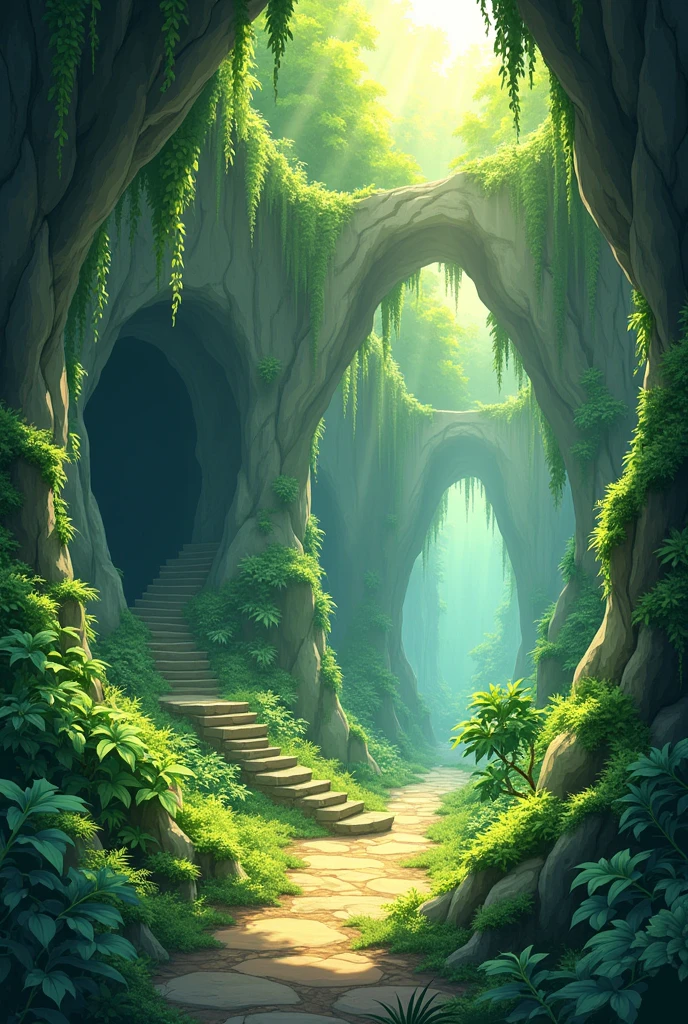 Create a green and brown cave in anime format WITHOUT FUNGUS WITHOUT WATER