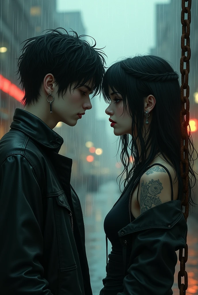realistic profile illustration of an attractive grunge couple, rain, chain, sad, best quality