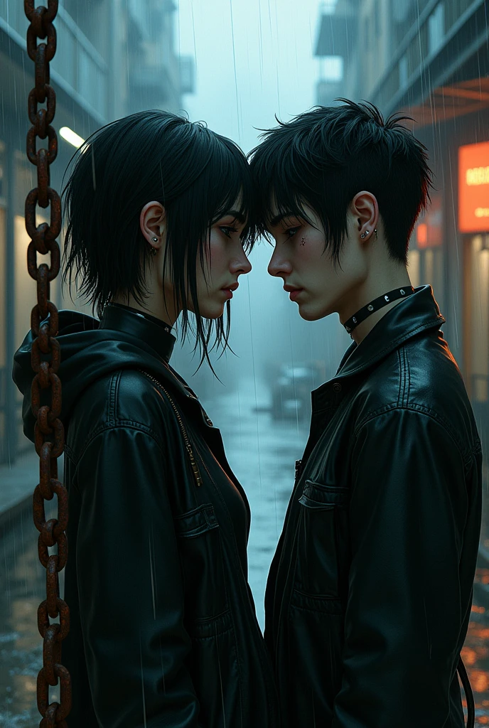 realistic profile illustration of an attractive grunge couple, rain, chain, sad, best quality