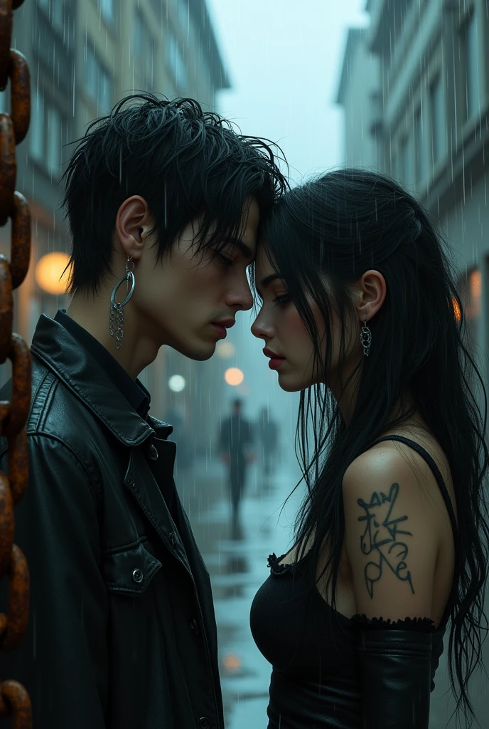 realistic profile illustration of an attractive grunge couple, rain, chain, sad, best quality