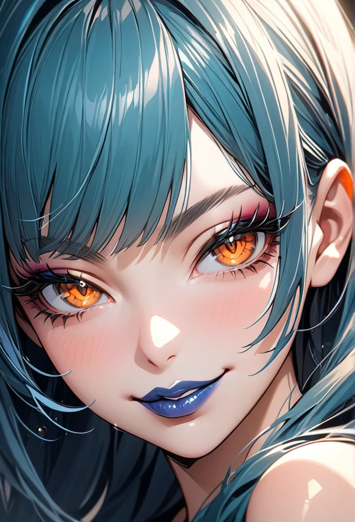 (masterpiece), best quality, highly detailed faces, (SHARP details), 4k, highly detailed, expressive eyes, SHARP detail expressive eyes, (SHARP detail perfect face), teal blue hair, (shiny lipstick) (orange eyes), long hair, detailed face, medium breasts, long eyelashes, mature, (smirk, closed lips, big plump lips, eyeshadow) shiny skin, beautiful eyes,(detailed eyes, sharp eyes, clear pupils:0.8), wispy bangs, naughty look