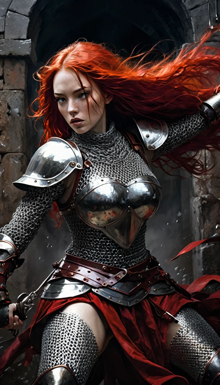 sexy girl, warrior, sexy chain mail armor, long red hair, bleeding, dynamic pose, in a battle, people fighting, castle,eroticism, sexy, black and white image, between shadows, oil painting, chiaroscuro, sensual, dramatic lighting, moody atmosphere, photorealistic, intricate details, masterpiece, ultra-detailed, high quality, 8k, best quality, realistic, cinematic, dark and brooding, expressionistic, powerful composition, emotional impact, art inspired by Bill Sienkiewicz and Dave McKean
