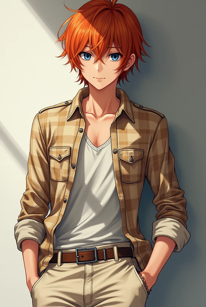 Chuuya Nakahara (Orange hair and blue eyes)with a cream and brown plaid shirt but more cream than brown and cream skini cargo style pants