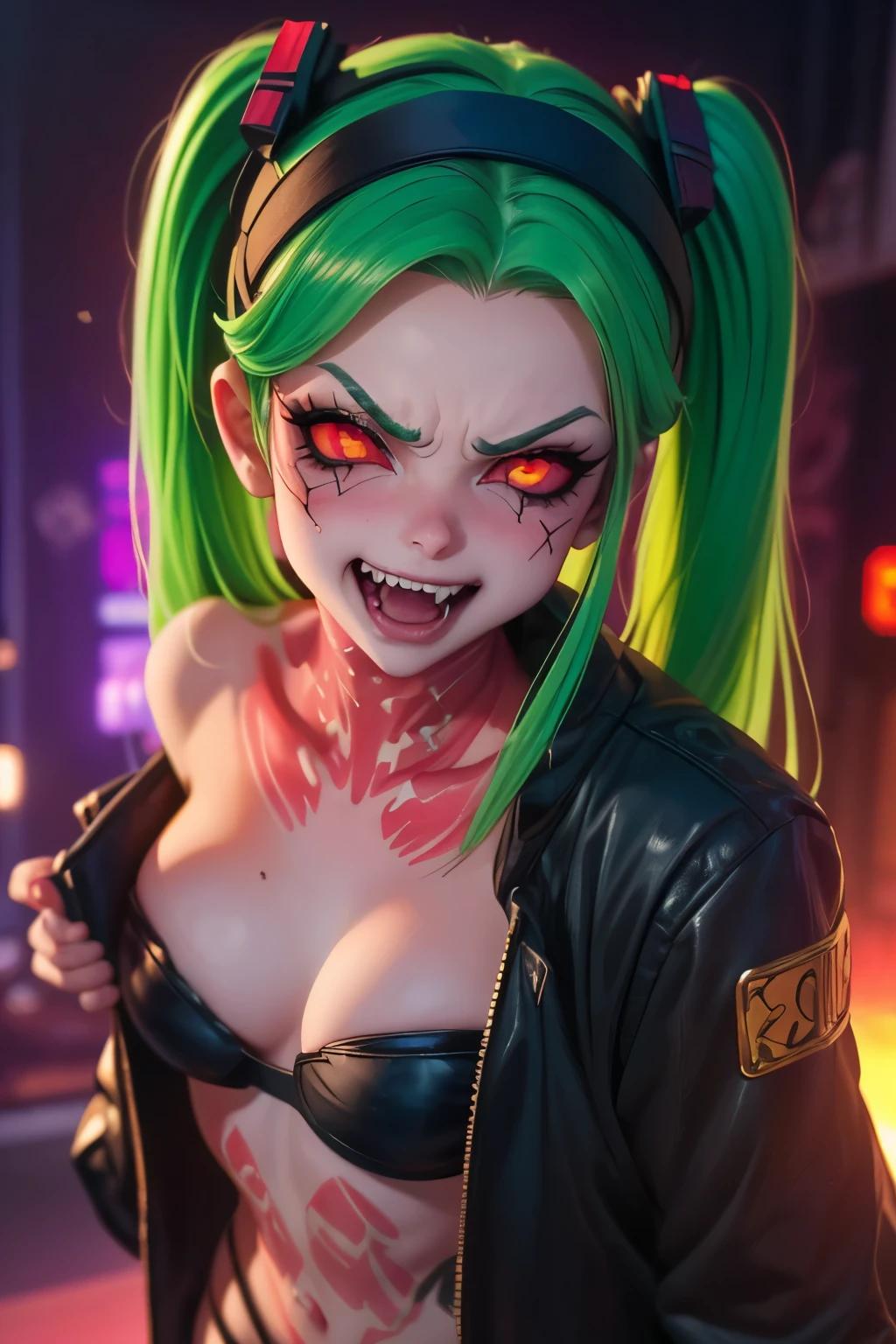 ((Close-up face)). Rebecca, 1girl, young girl, 1 , futuristic cyberpunk, lewd grin, (twin tail, hairband, colored sclera, red sclera, green hair, green pupils, fang, red eyes, wearing a little sexy clothes, black croped jacket ), ((psycho face, creppy smiling. Angry face )), (((skin texture))), cinematic, ultra highly detailed, beautiful details, vivid, saturated colors, filigree detailed, tiny details, pop surrealism, cowboy shot. ((Blast cyberpunk city background )) 