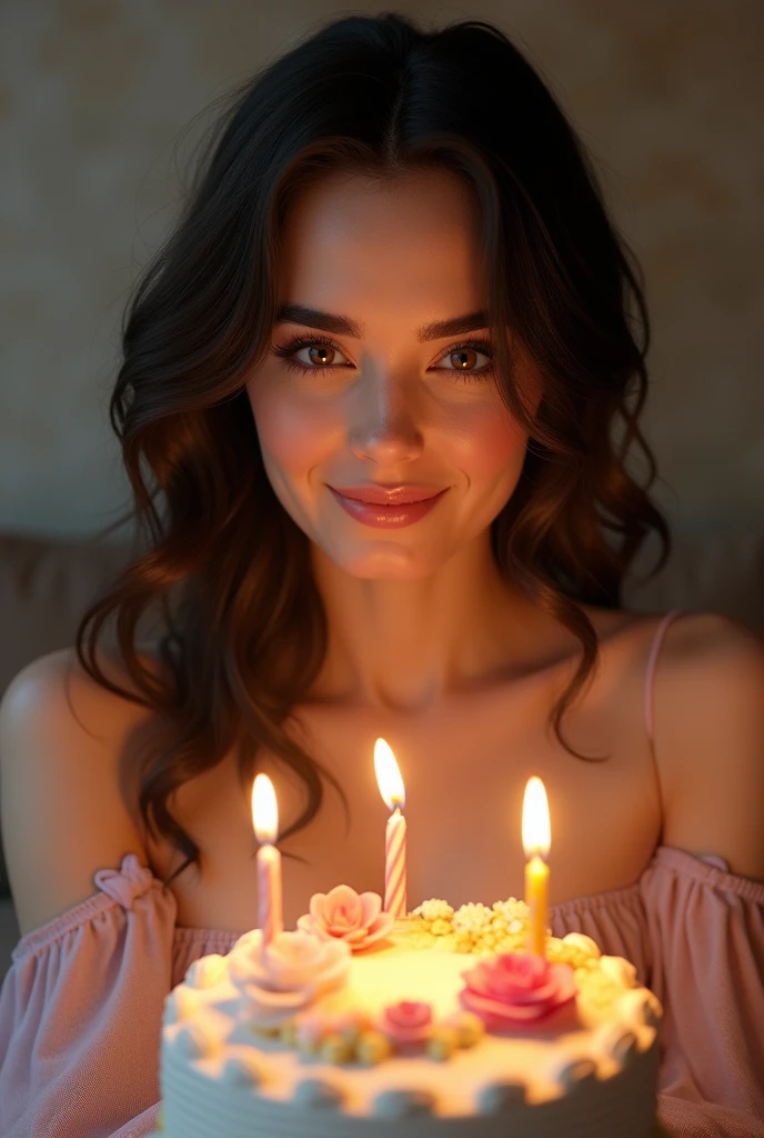 (photorealism:1.2), Lily collins with a birthday cake