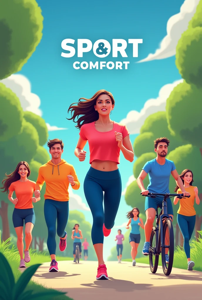 Create a vibrant image for an ad for a clothing store specializing in sports and comfort. The scene should show a diverse group of people, including men and women, wearing modern and comfortable sportswear, while practicing different physical activities, like running, yoga and cycling. Clothes should be colorful and stylish, highlighting the flexibility and comfort of the fabrics. No fundo, there must be a slight reference to nature, with trees and clear sky. Add store name 'Sport & Comfort' in stylized text at the top of the image
