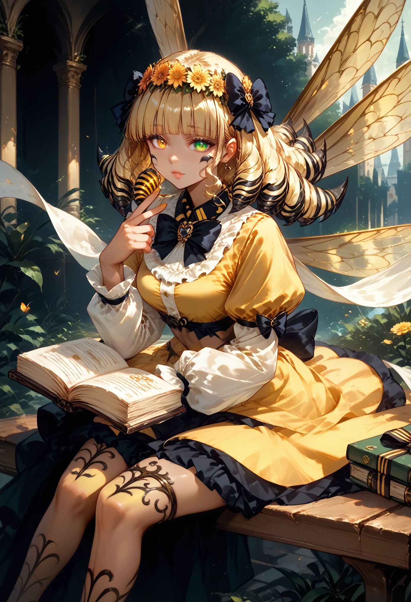 score_9, score_8_up,score_7_up, masterpiece, best quality, perfect anatomy, very aesthetic, official art, 8k, honeyblovely, Nice view Sitting on a bench, There are books near her, Sexy and Charming, Clear weather, beautiful colors, clear detail, Full elaboration of details, heterochromia, yellow eye, green eye, novuschroma70 style, masterpiece, High Quality Processing, dynamic shadows,