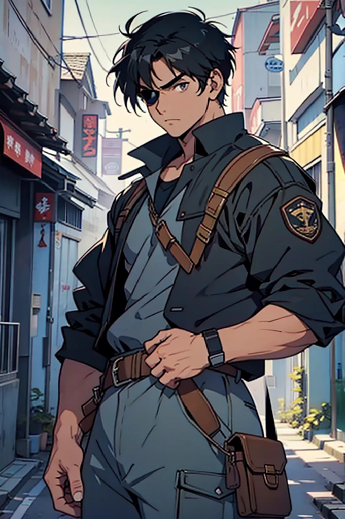 score up_9,score up_8,score up_7,source_japan anime,retro,masterpiece,best quality,super fine illustration,super detailed,8k,(lora:0.7),BREAK Adventurer,BREAK men,male,black hair,20 yo,Eye patch,cool,BREAK perfect hands,perfect body,perfect face,sharp eyes,BREAK cinematic angle,BREAK city,old building,street,detailed background,beautiful background,