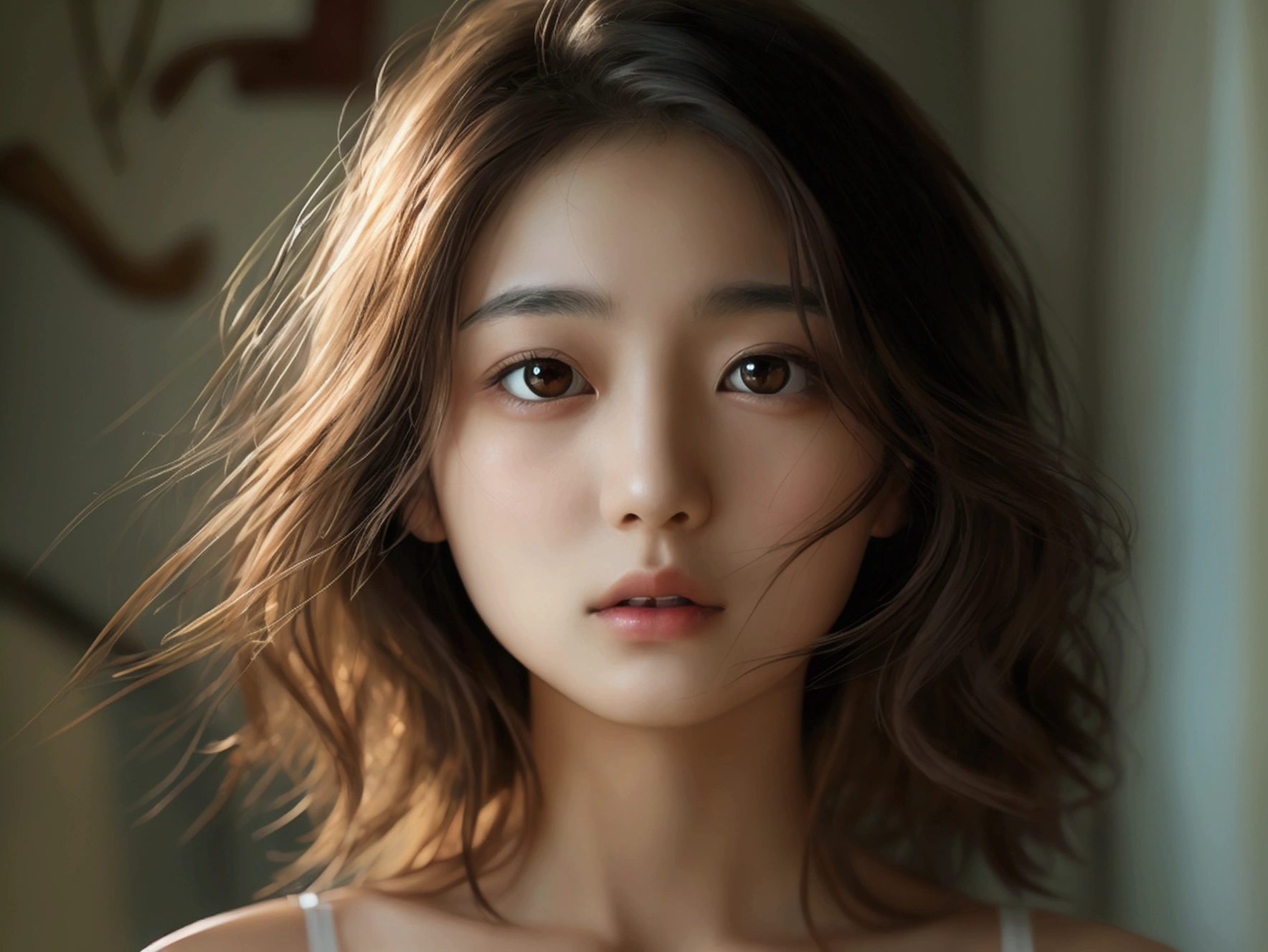 (masterpiece、Realistic、Highest quality、8k、RAW Photos、Ultra-high resolution)、(1 person)、18 year old Japanese female、round face、Slender and small breasts、(Realistic depiction of eyes:1.3)、Dark brown medium hair、Dark brown with small eyes、Beautiful Eyes、Thick lips、double eyelid、(Draw two portraits, one in a camisole and one in underwear, spaced equally on the left and right)