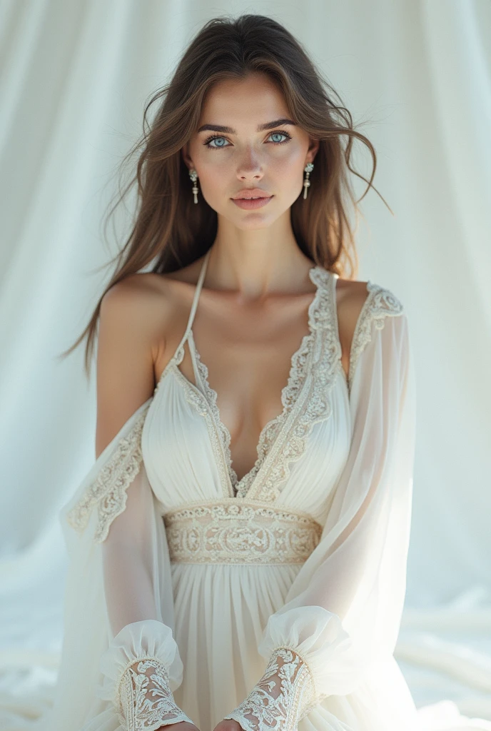 Gorgeous woman, Arabic white dress, Blue eyes, posing 