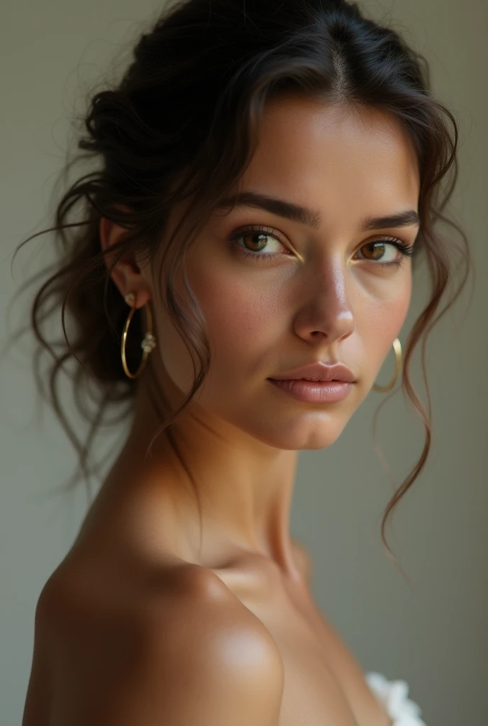 White woman with dark eyes, Brazilian, wearing delicate and discreet clothing 18k