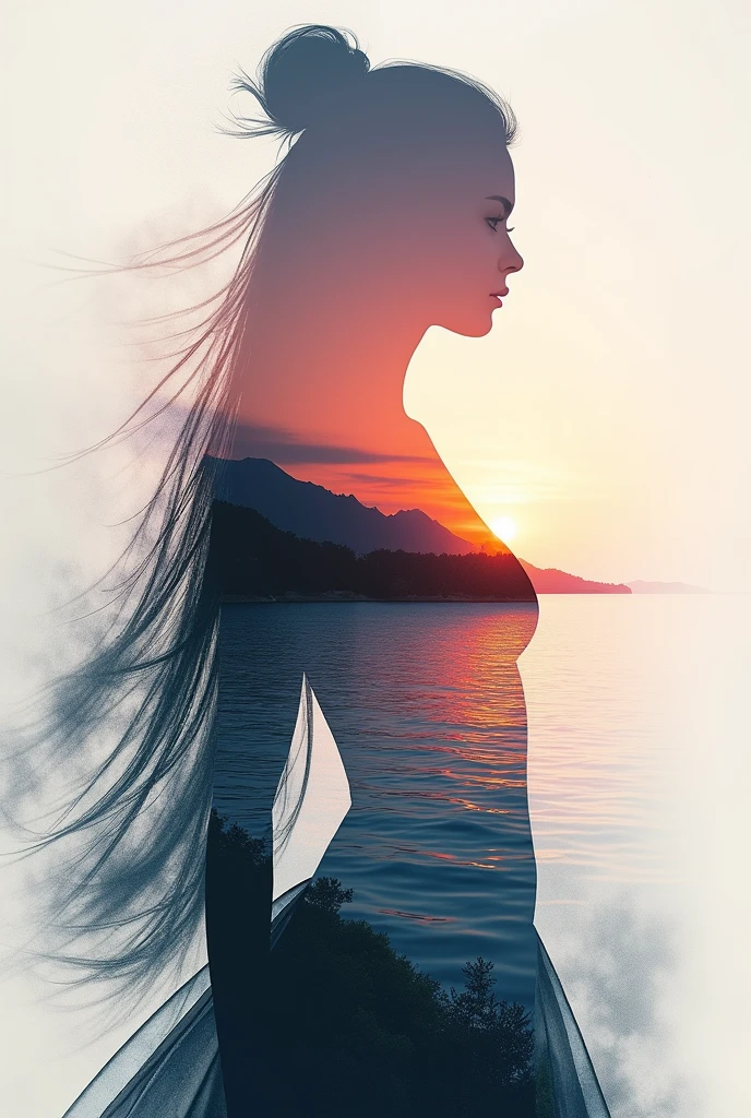 high quality, 8K Ultra HD, A beautiful double exposure that combines an goddess silhouette with sunset coast, sunset coast should serve as the underlying backdrop, with its details incorporated into the goddess , crisp lines, The background is monochrome, sharp focus, double exposure, by yukisakura, awesome full color,