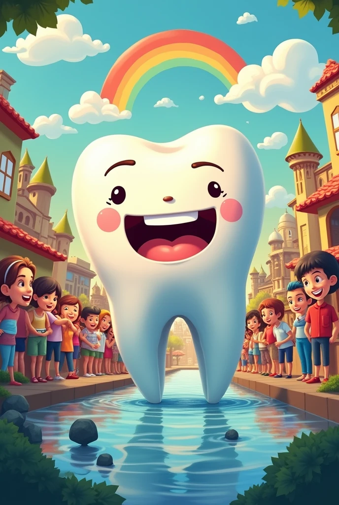 A Bright Smile Tooth Drawing A final scene with all the characters happy, in a big rainbow in the sky, with bright smiles. No fundo, the city of Sorrisolandia is full of smiles and joy, symbolizing the importance of brushing your teeth and saving water.