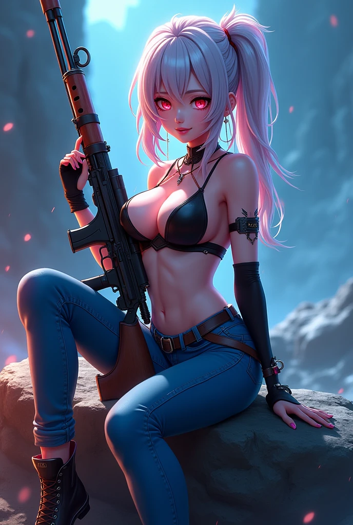 Lumine, Genshin Impact, wearing blue jeans, lingerie top, hot makeup, sitting on a rock, holding a rifle, cinematic, HD, high quality, highly detailed, anime