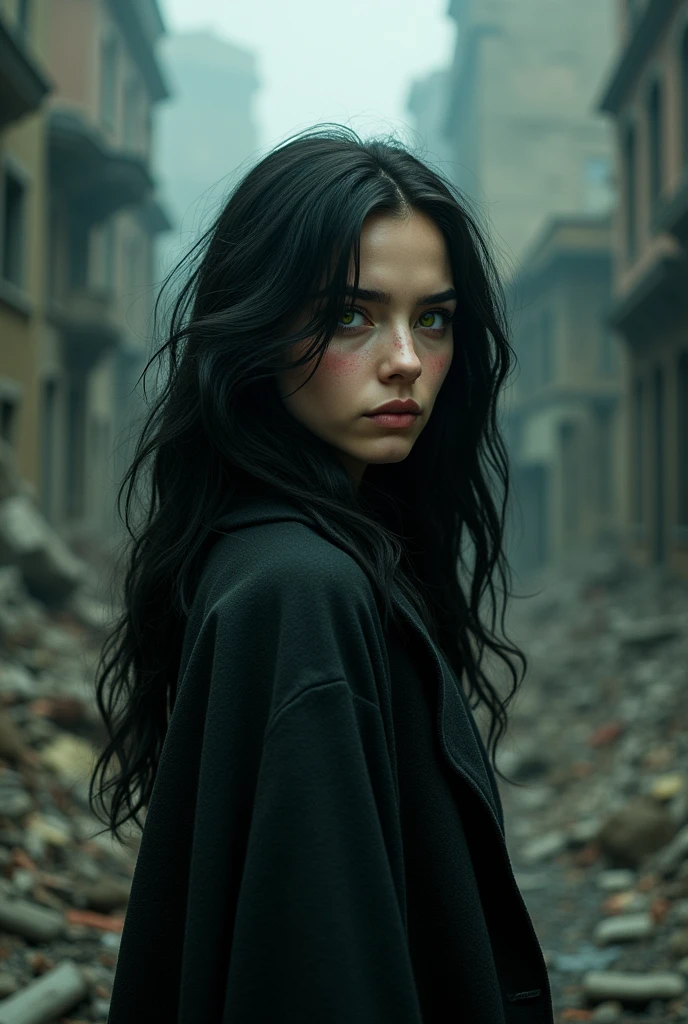 A woman young, with black, slightly wavy hair, half tanned skin, intense green eyes the shade of the killing curse with flashes of red, a mischievous smile on the mouth. His features would be a mix of Harry Potter and Tom Riddle when he was young.. She stands in front of a landscape of a ruined city 