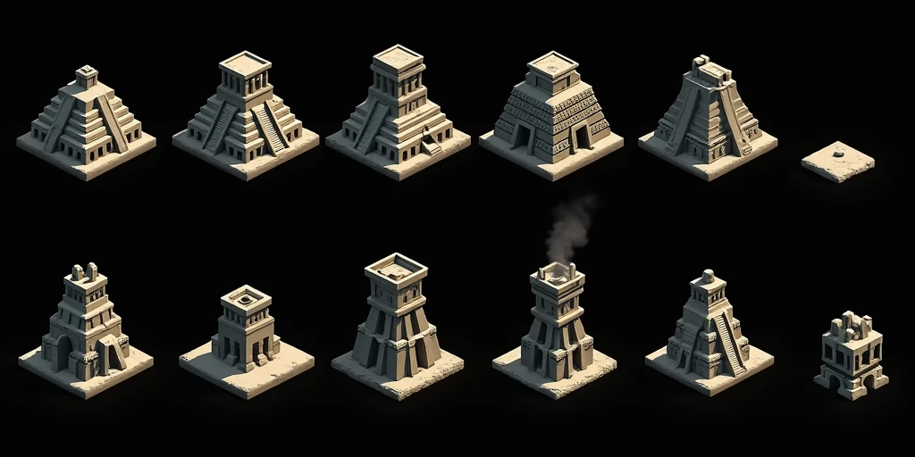 a close up of several different temples, templos de pyramids detalhados, small temples, Pyramids and temple details, isometric temples, prerendered isometric graphics, pyramids, game assets, isometric game feature, large temples, Isometric views, temple background, isometric game art, temples detailed in detail, 3D Renderings