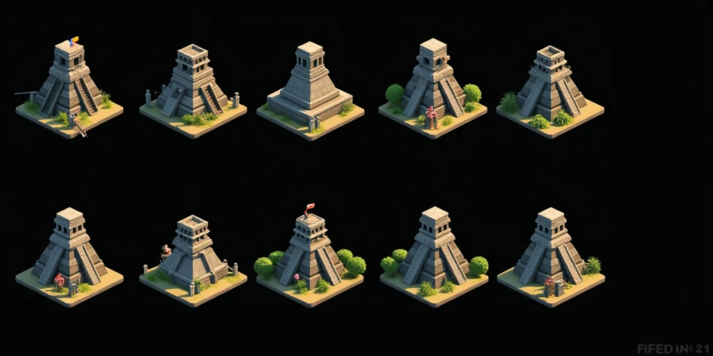 a close up of several different temples, templos de pyramids detalhados, small temples, Pyramids and temple details, isometric temples, prerendered isometric graphics, pyramids, game assets, isometric game feature, large temples, Isometric views, temple background, isometric game art, temples detailed in detail, 3D Renderings